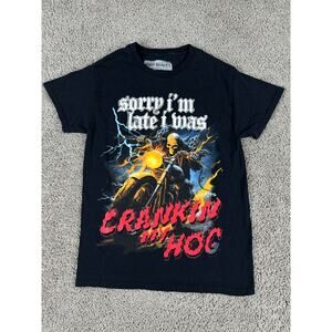 Teen Hearts Shirt Mens Small Black I Was Cranking My Hog Sorry Im Late Biker
